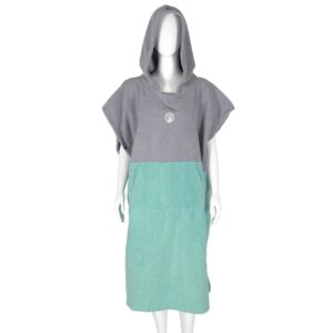 Two-tone surf poncho with gray top and green bottom, ideal for beach changing