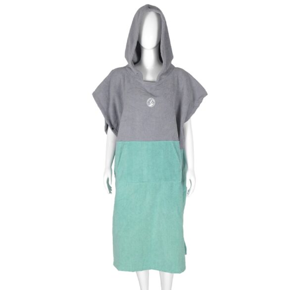 Two-tone surf poncho with gray top and green bottom, ideal for beach changing