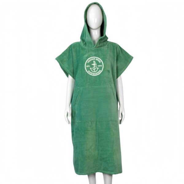 Green surf poncho with white Trigger Bros chest embroidery, on white background