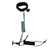 Full view of coiled bodyboard leash in grey green with cuff and plug