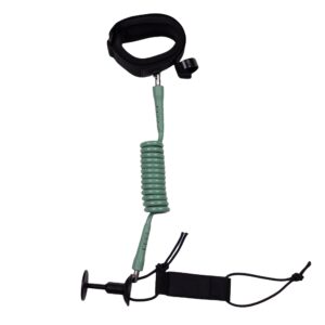 Full view of coiled bodyboard leash in grey green with cuff and plug