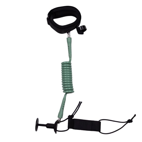Full view of coiled bodyboard leash in grey green with cuff and plug