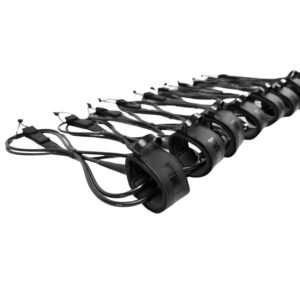 Premium lightweight surf leashes with microfiber cuffs arranged in rows