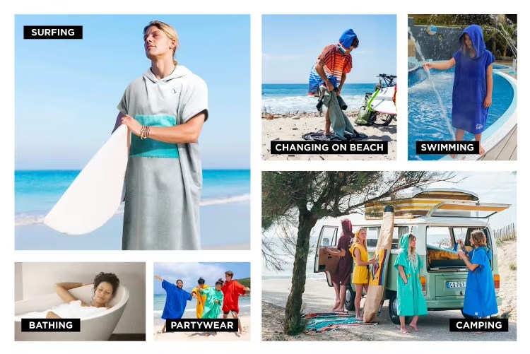 Application scenarios for microfiber ponchos – surfing, beach changing, swimming, camping