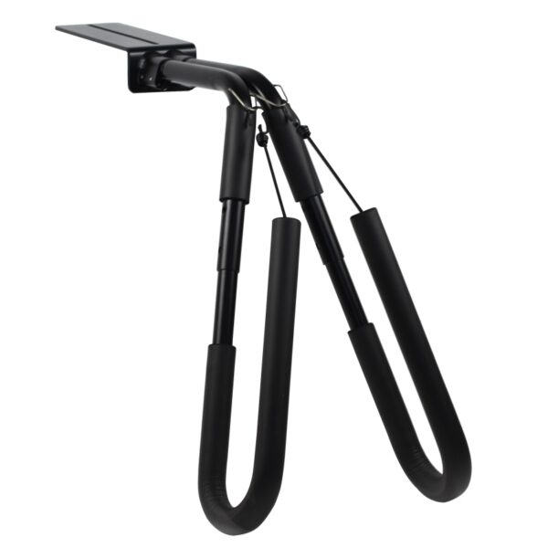 Black moped surfboard rack with dual arms and under-seat mounting bracket