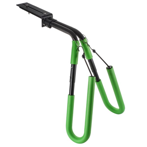 Assembled green moped surfboard rack with dual padded arms and spring support