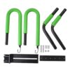 Unassembled green surfboard rack kit for mopeds, including arms, hooks, and mounting plate