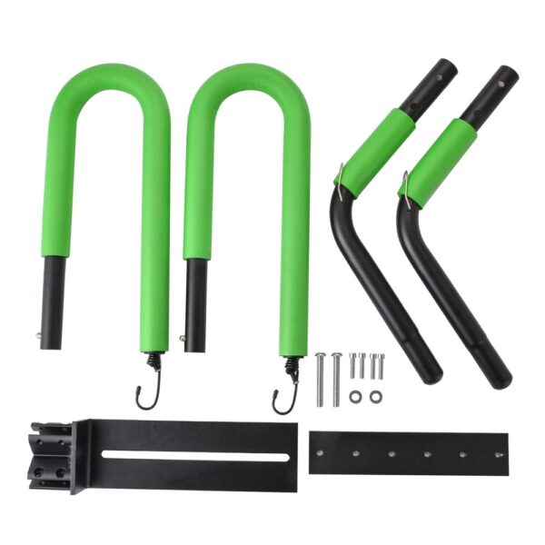 Unassembled green surfboard rack kit for mopeds, including arms, hooks, and mounting plate