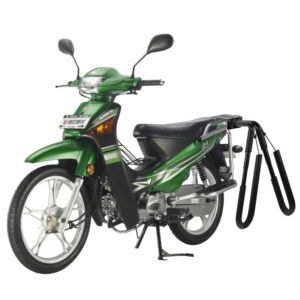 Surfboard rack mounted on green moped, showing real installation effect