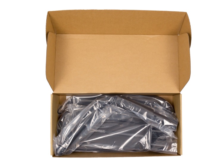 Black surfboard rack for mopeds packed in cardboard box with plastic wrap