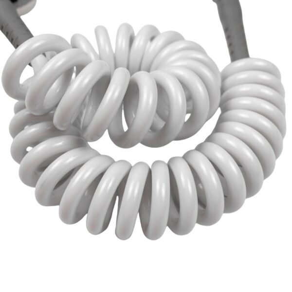 Close-up of durable white coiled TPU cord for SUP leash