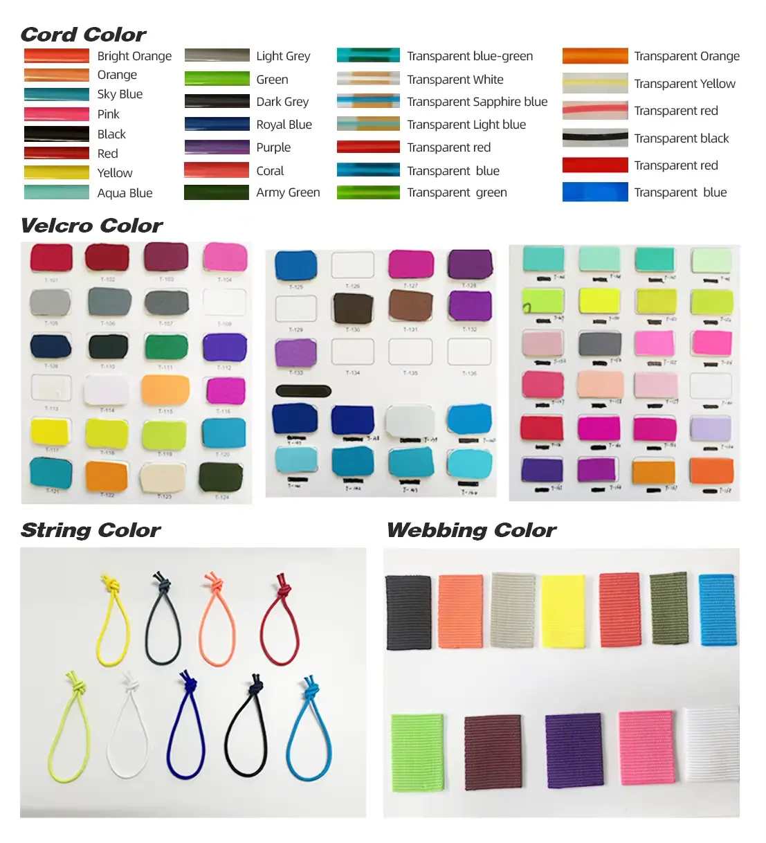 Color swatches for surf leash cords, velcro, strings, and webbings