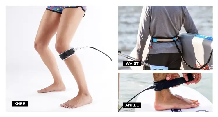 Types of surfboard leashes: ankle, knee, and waist attachments