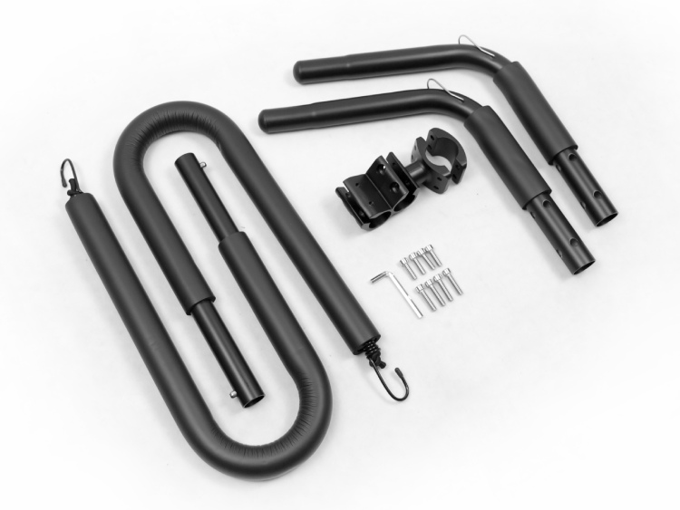 Unassembled surfboard bike rack with all parts laid out