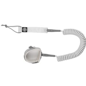 Full view of white coiled SUP leash with soft ankle cuff and adjustable rail saver