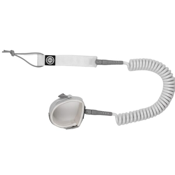 Full view of white coiled SUP leash with soft ankle cuff and adjustable rail saver