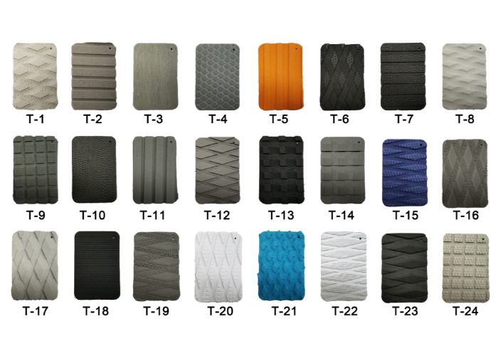 This image shows twenty - four different textured panels labeled from T - 1 to T - 24. The panels display a variety of colors and textures, likely for use as surf pads.