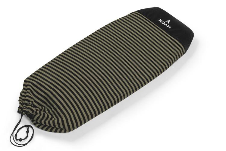 This snub nose surfboard cover features a striking black and olive - green striped pattern. It has a drawstring closure for a secure fit and is branded with the "ROAM" logo on the top. The cover is designed to protect surfboards with a snub nose shape.