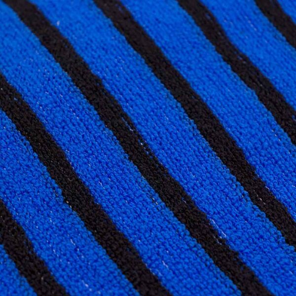 This image focuses on the texture of the surfboard cover, highlighting the blue and black striped pattern.