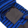 The image shows a surfboard cover with a blue and black striped pattern. There is a black tag attached to the cover.