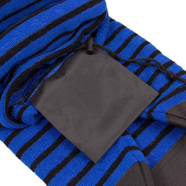 The image shows a surfboard cover with a blue and black striped pattern. There is a black tag attached to the cover.