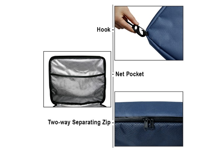 detailed view of the blue bag, showing a hook, a net pocket inside, and a two - way separating zip.
