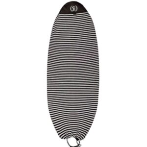 The Front - view shows the elongated appearance of the fish - nose surfboard socks, which are colored with black - and - white stripes.