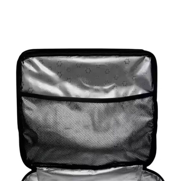 Interior of the bag's lid, highlighting the mesh pocket with a pattern on the silver - lined material.