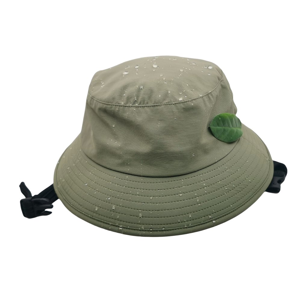 olive green surf hat has water droplets on it, indicating it may be water - resistant. It also features a green leaf - shaped patch on the side.