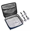 The inside of the bag, revealing a shiny, silver - lined interior with a mesh pocket on the lid and four suction cups placed next to the bag
