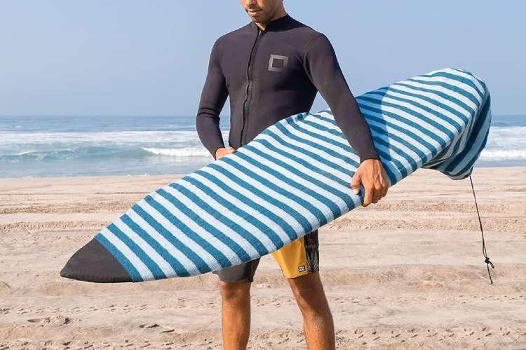 This surfboard sock features a point nose design, suitable for surfboards with a pointed tip. The sock has a striped pattern, providing a snug fit and protection for the surfboard.