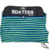 The surfboard sock showcases a vibrant combination of blue and green stripes, giving it a fresh and lively look.