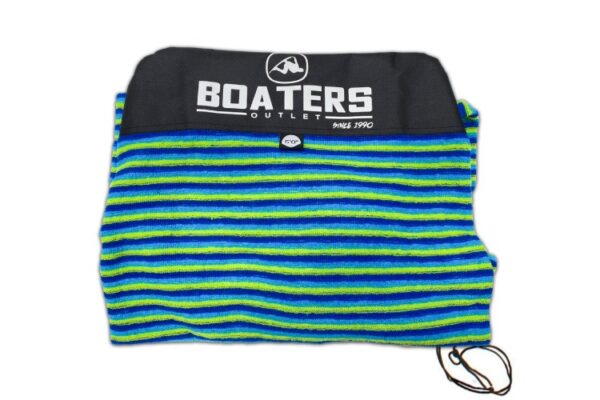 The surfboard sock showcases a vibrant combination of blue and green stripes, giving it a fresh and lively look.