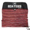 The surfboard sock is characterized by its bright red and white striped pattern, making it stand out with a dynamic and energetic appearance.