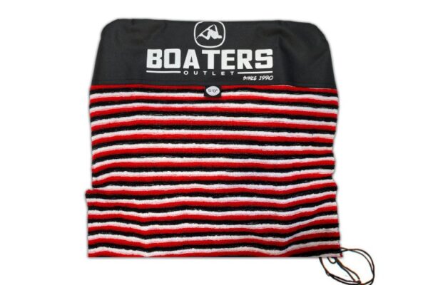 The surfboard sock is characterized by its bright red and white striped pattern, making it stand out with a dynamic and energetic appearance.