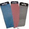 hese surfboard socks come in three distinct color patterns: the first has bold blue and black stripes, the second features striking red and white stripes, and the third showcases a timeless black and white striped design.