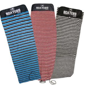 hese surfboard socks come in three distinct color patterns: the first has bold blue and black stripes, the second features striking red and white stripes, and the third showcases a timeless black and white striped design.
