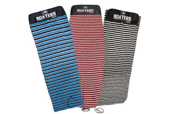 hese surfboard socks come in three distinct color patterns: the first has bold blue and black stripes, the second features striking red and white stripes, and the third showcases a timeless black and white striped design.