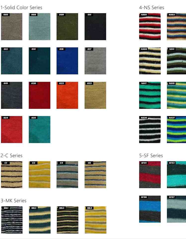 The image displays a color swatch chart for surfboard covers. There are five series: 1 - Solid Color Series with solid colors, 2 - C - Series with striped patterns, 3 - MK Series with striped patterns, 4 - NS Series with striped patterns, and 5 - SF Series with striped patterns. Each series offers a variety of color options.