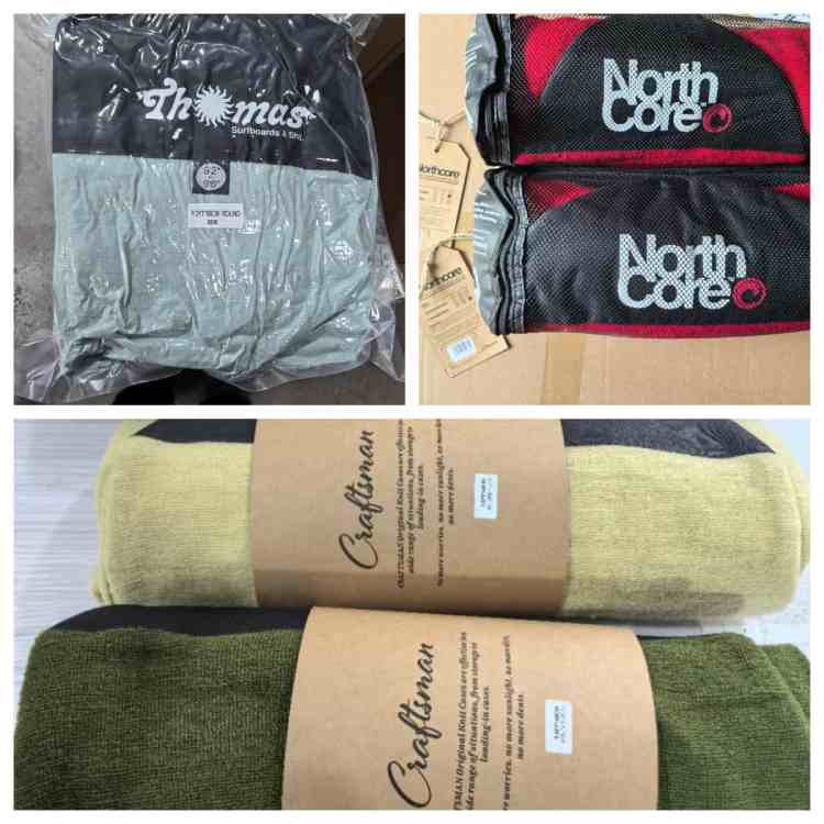 The image shows three different types of surfboard sock packaging. The first package is from "The Thomas" brand, featuring a black and grey design. The second package is from "North Core," with a red and black design. The third package contains "Craftsman" surfboard socks, wrapped in brown paper with product labels.