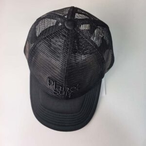 Top view of Surf Baseball Cap This image shows the front view of the Black Surf Baseball Cap. The cap has a mesh design with a solid black brim, and the brand name "Planet Surf" is embroidered on the front.