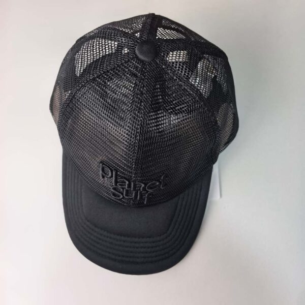 Top view of Surf Baseball Cap This image shows the front view of the Black Surf Baseball Cap. The cap has a mesh design with a solid black brim, and the brand name "Planet Surf" is embroidered on the front.